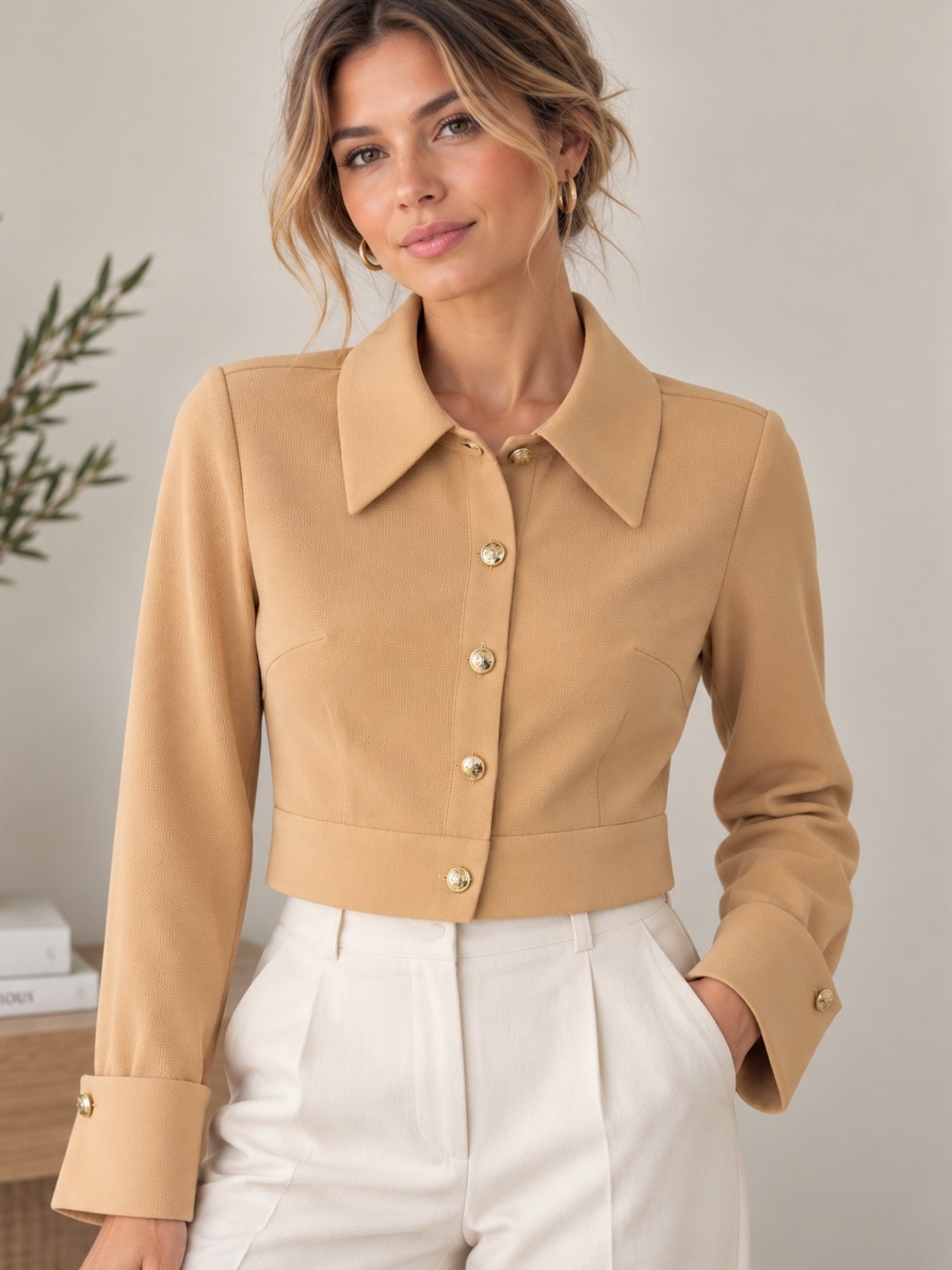 ELISE Cropped Gold Button Tailored Jacket Blouse